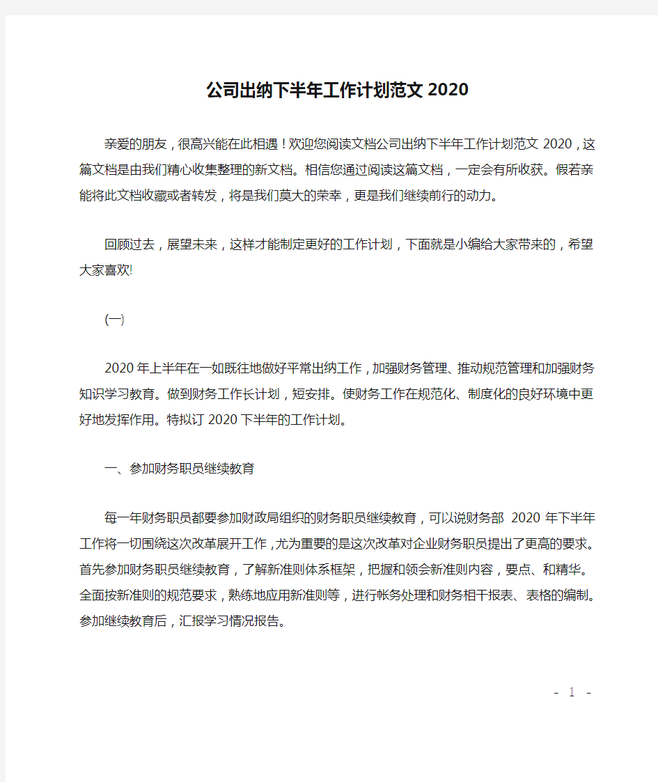 公司出纳下半年工作计划范文2020