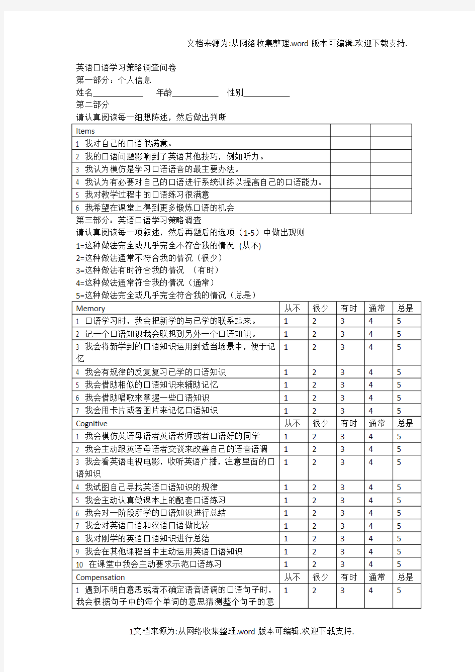 英语口语学习策略调查问卷