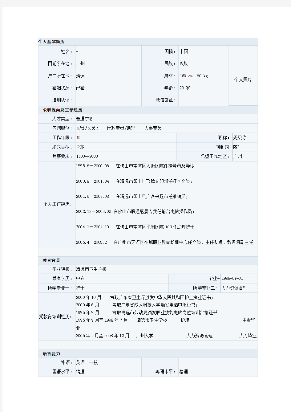 护士专业求职简历模板