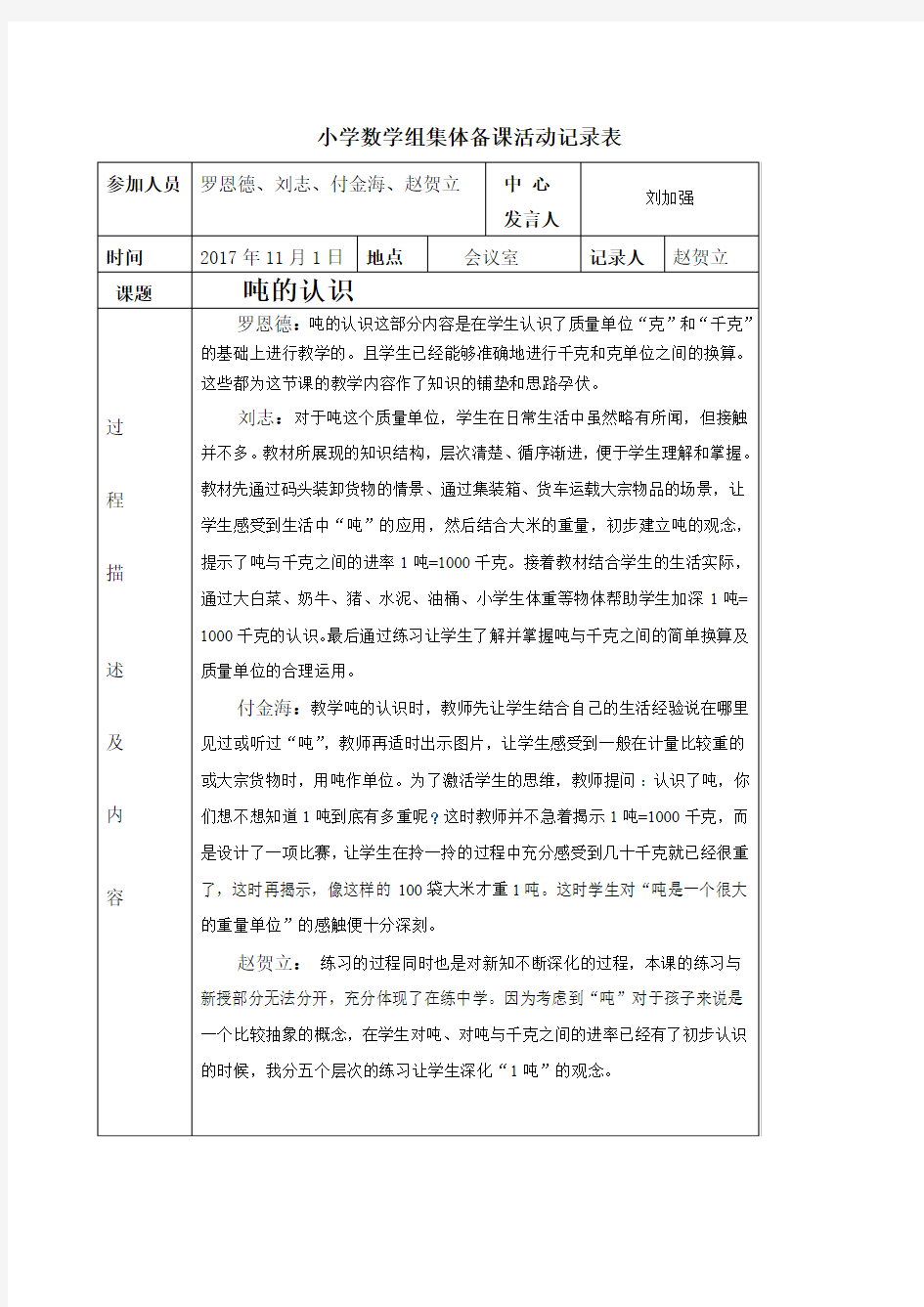 小学数学组集体备课活动记录表11