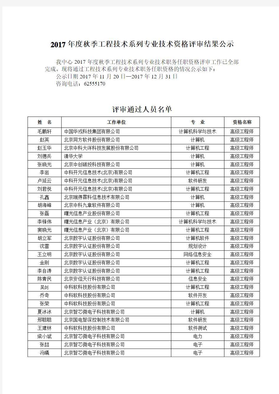 2017秋季工程技术系列专业技术资格评审结果公示