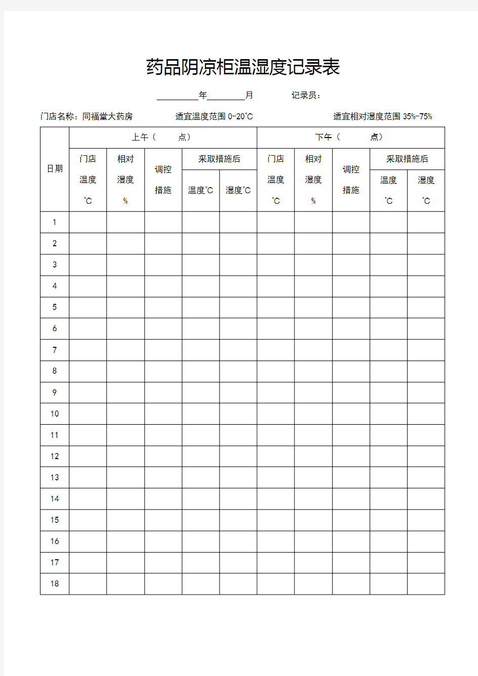 药品阴凉柜温湿度记录表