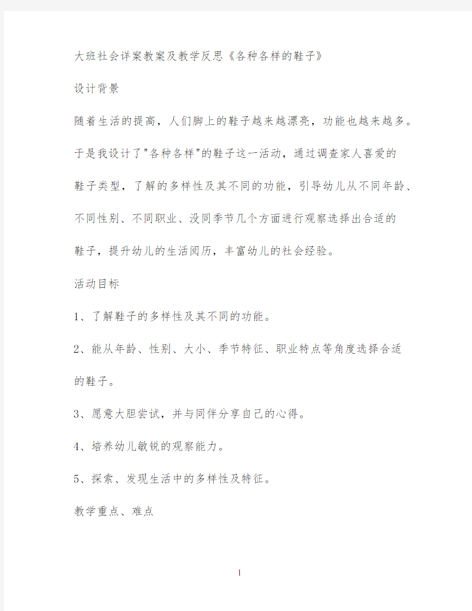 大班社会详案教案及教学反思《各种各样的鞋子》