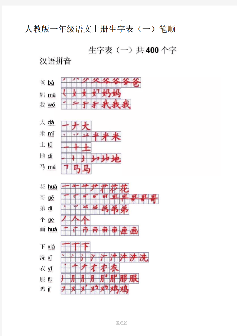 人教版一年级语文上册生字表一表二笔顺(全)