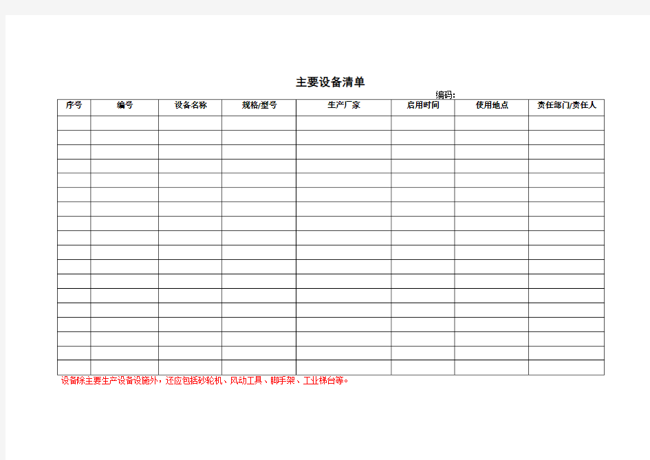 主要设备清单记录