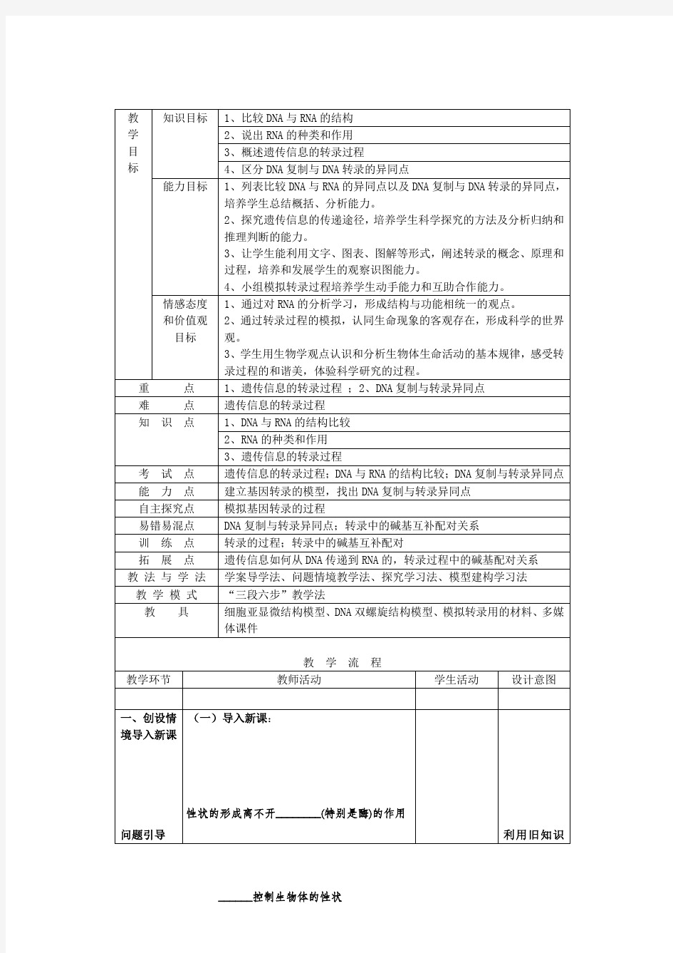 山东省枣庄市第八中学高中生物4.1基因指导蛋白质的合成教案新人教版必修2