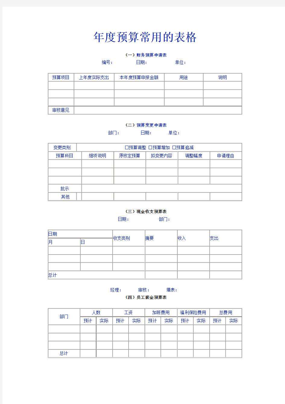 年度预算常用的表格