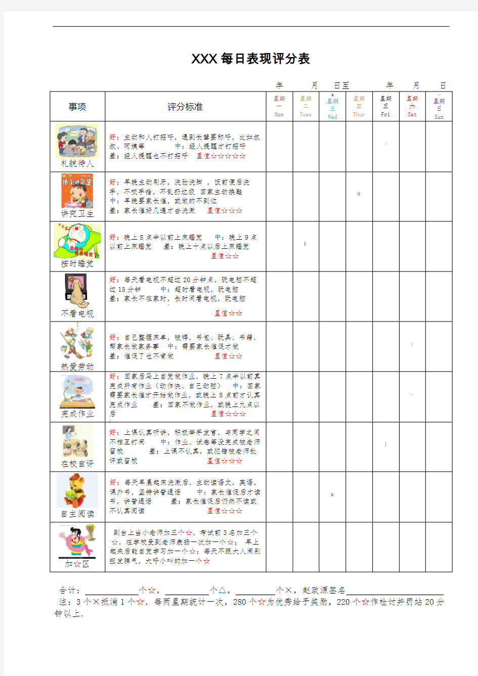 儿童每日表现评分表