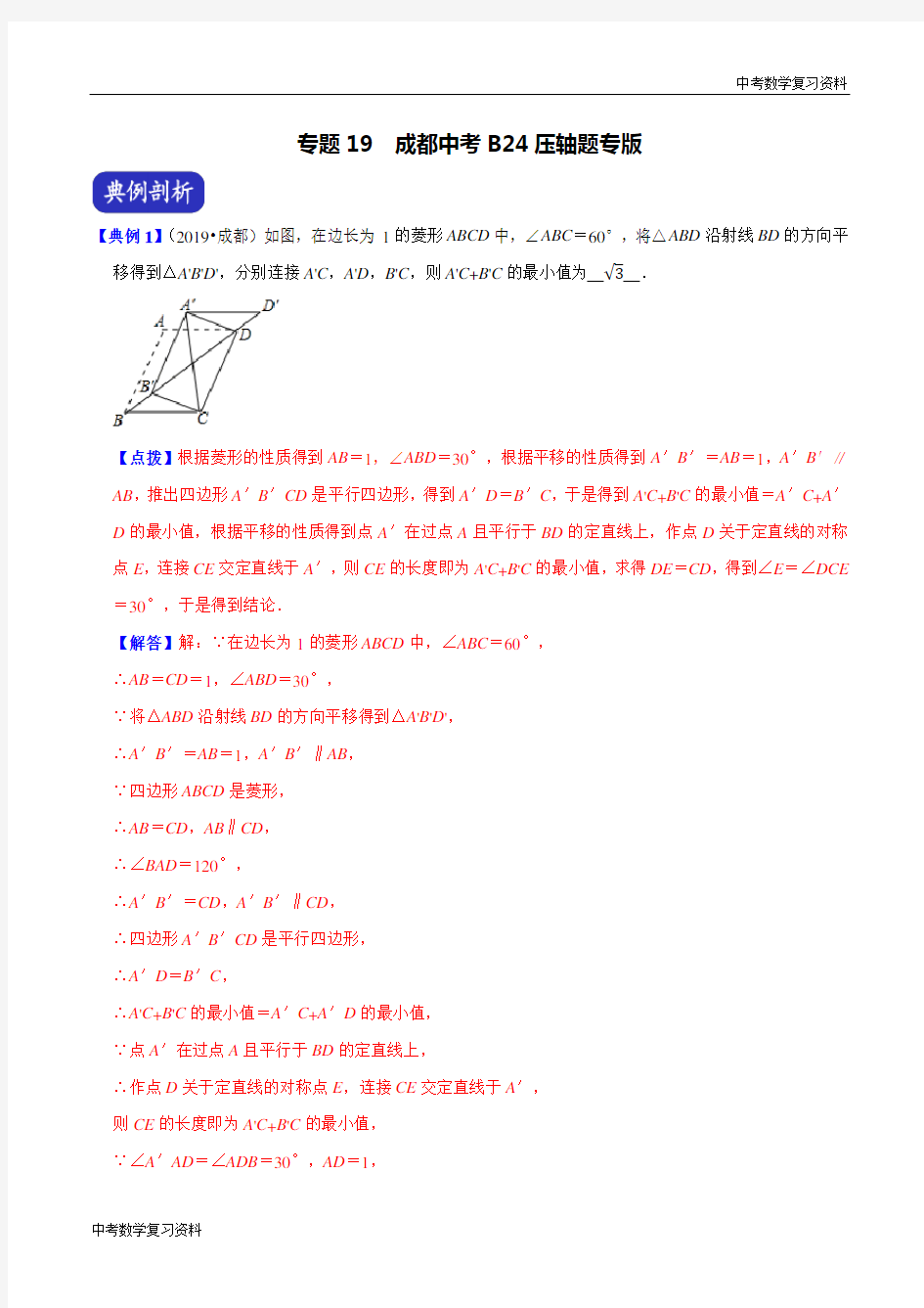 中考数学 专题19  成都中考B24压轴题专版(解析版)