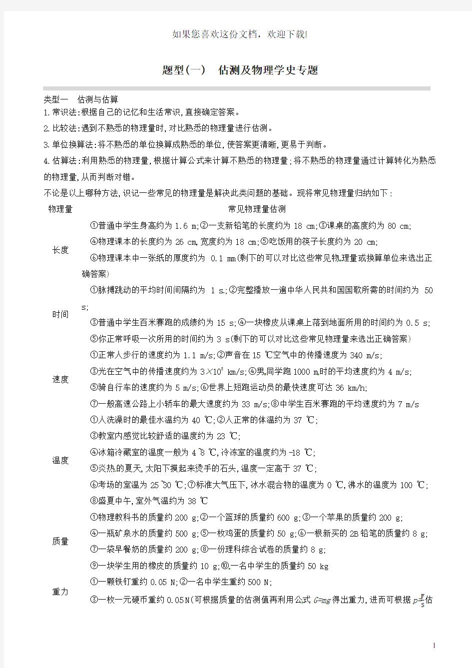 山西省2020中考物理专题复习题型01估测及物理学史专题