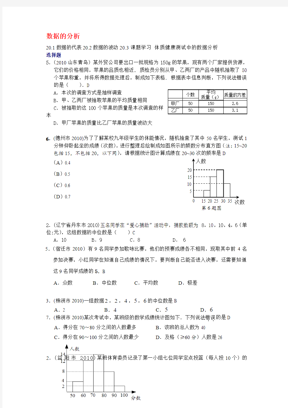 中考数学真题分类汇编(数据的分析)