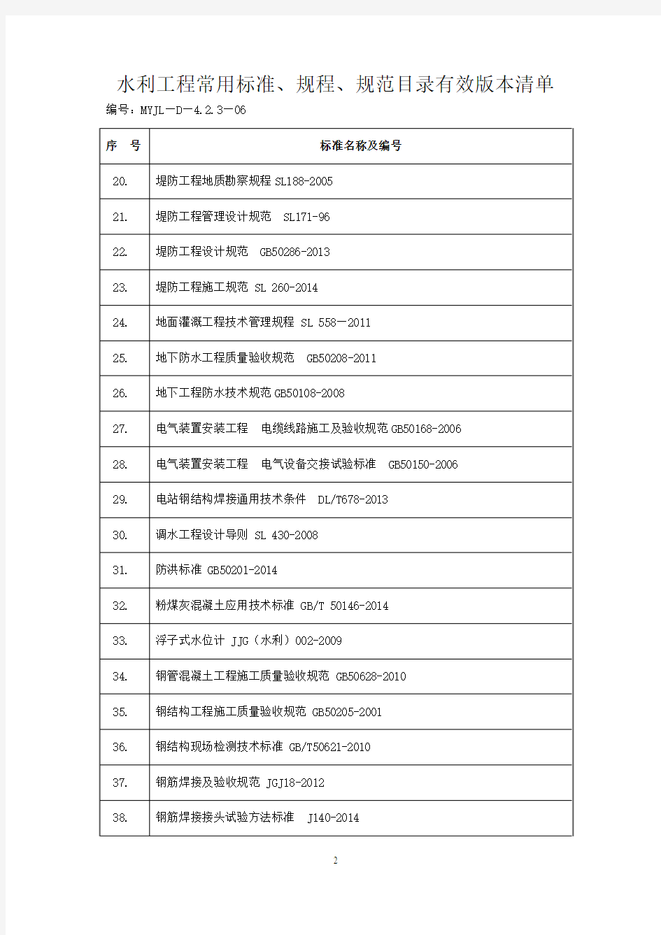 水利工程常用标准、规程、规范目录有效版本清单