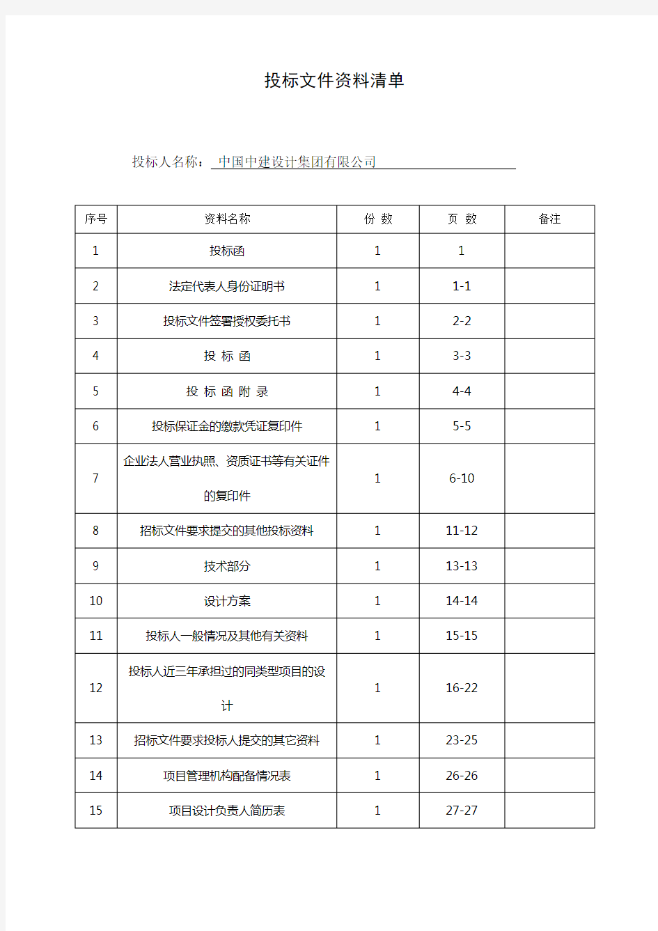 投标文件标准 清单