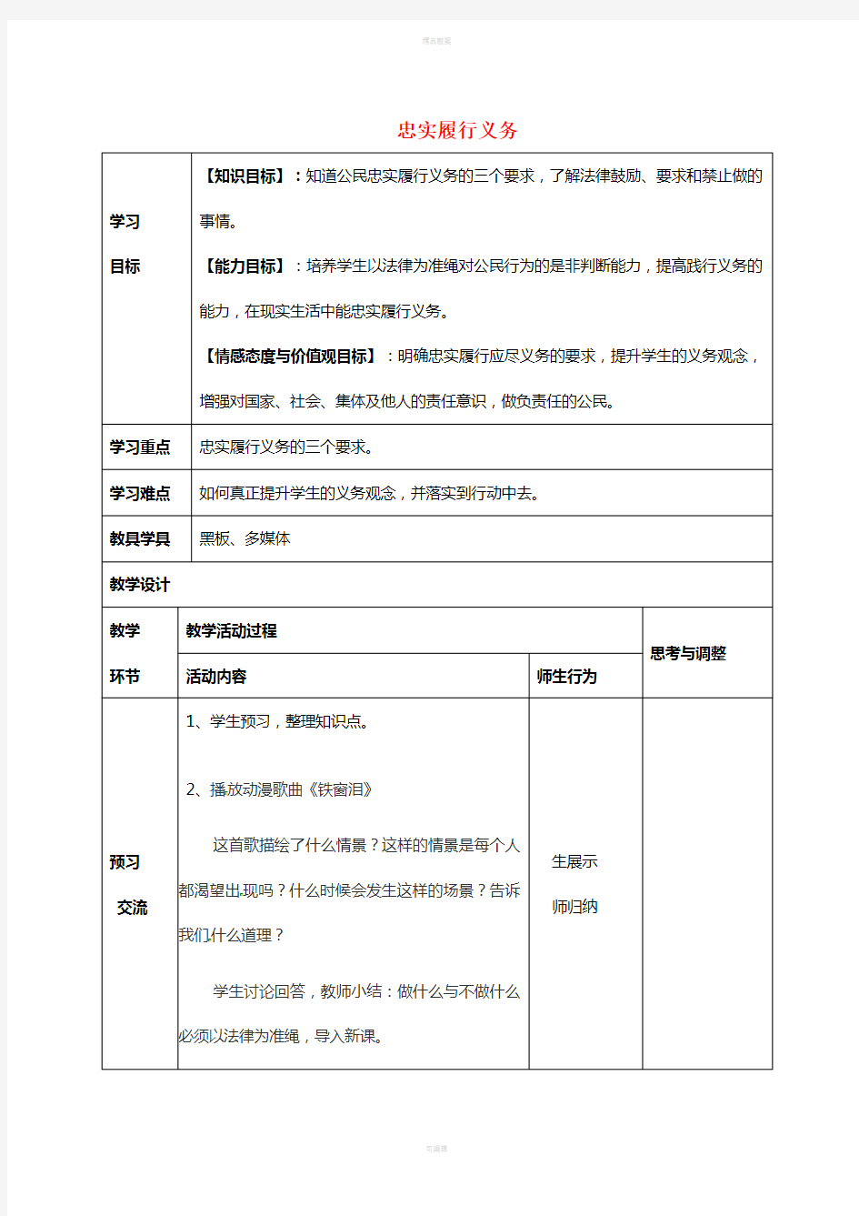 八年级政治下册 第一单元 第二课 第二框 忠实履行义务教案 新人教版