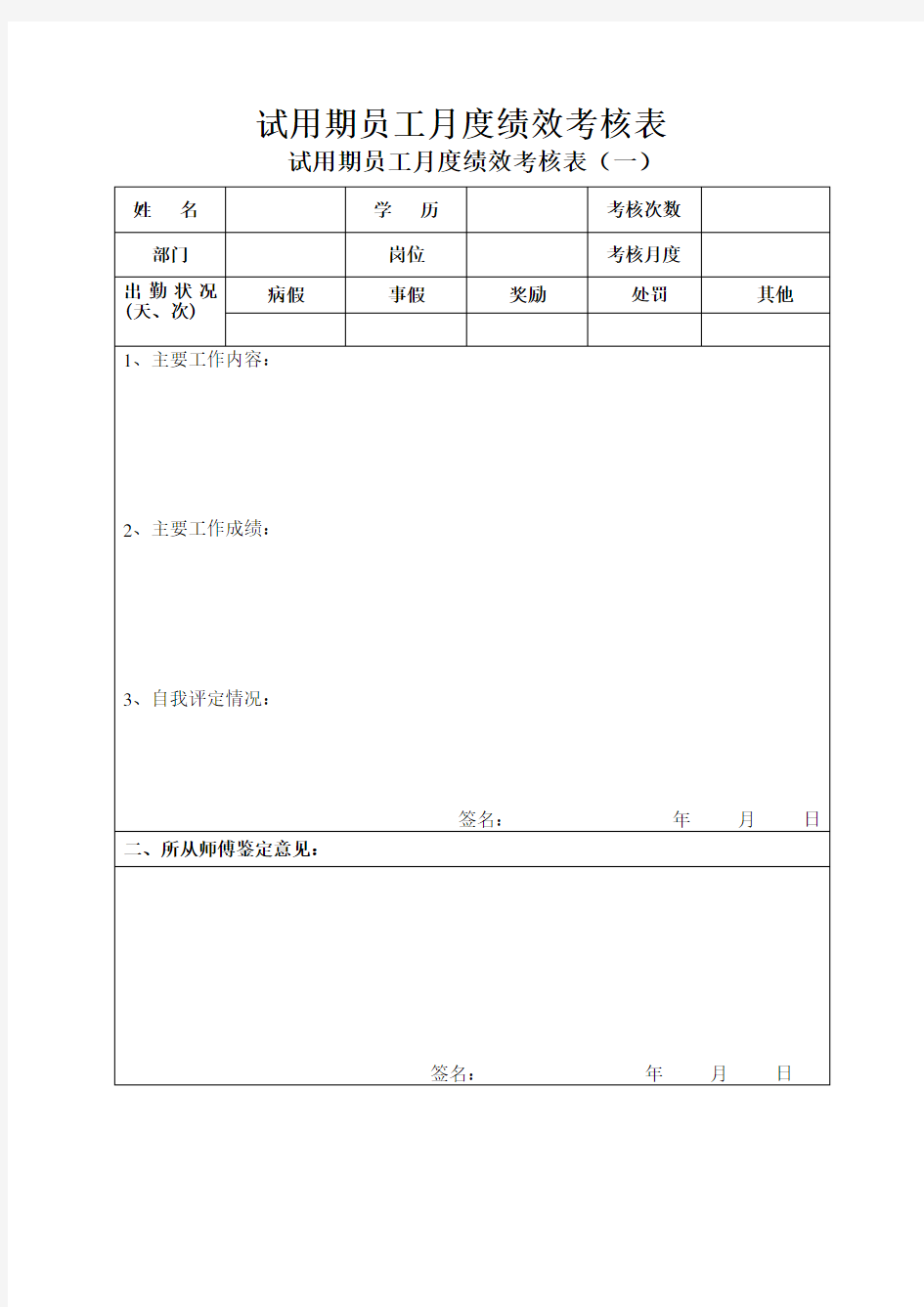 新员工试用期考核表(月度)