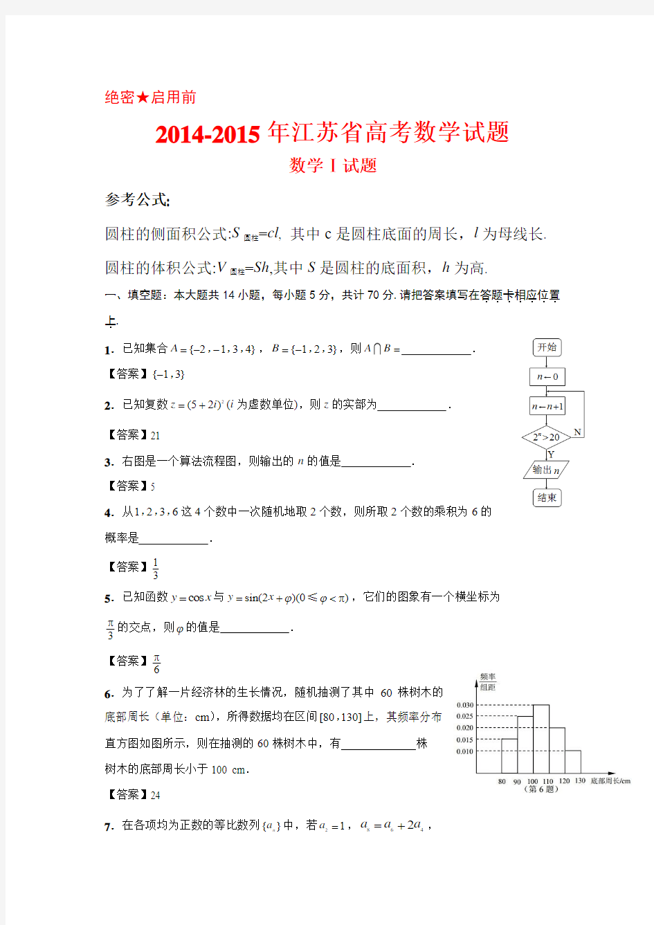 2014-2015年江苏省高考文科数学试题及答案