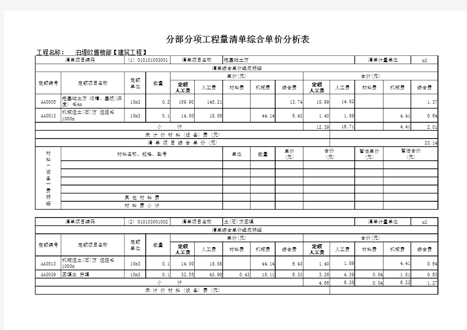 综合单价分析表