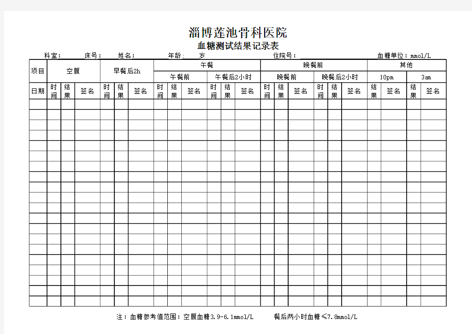 血糖检测结果记录表