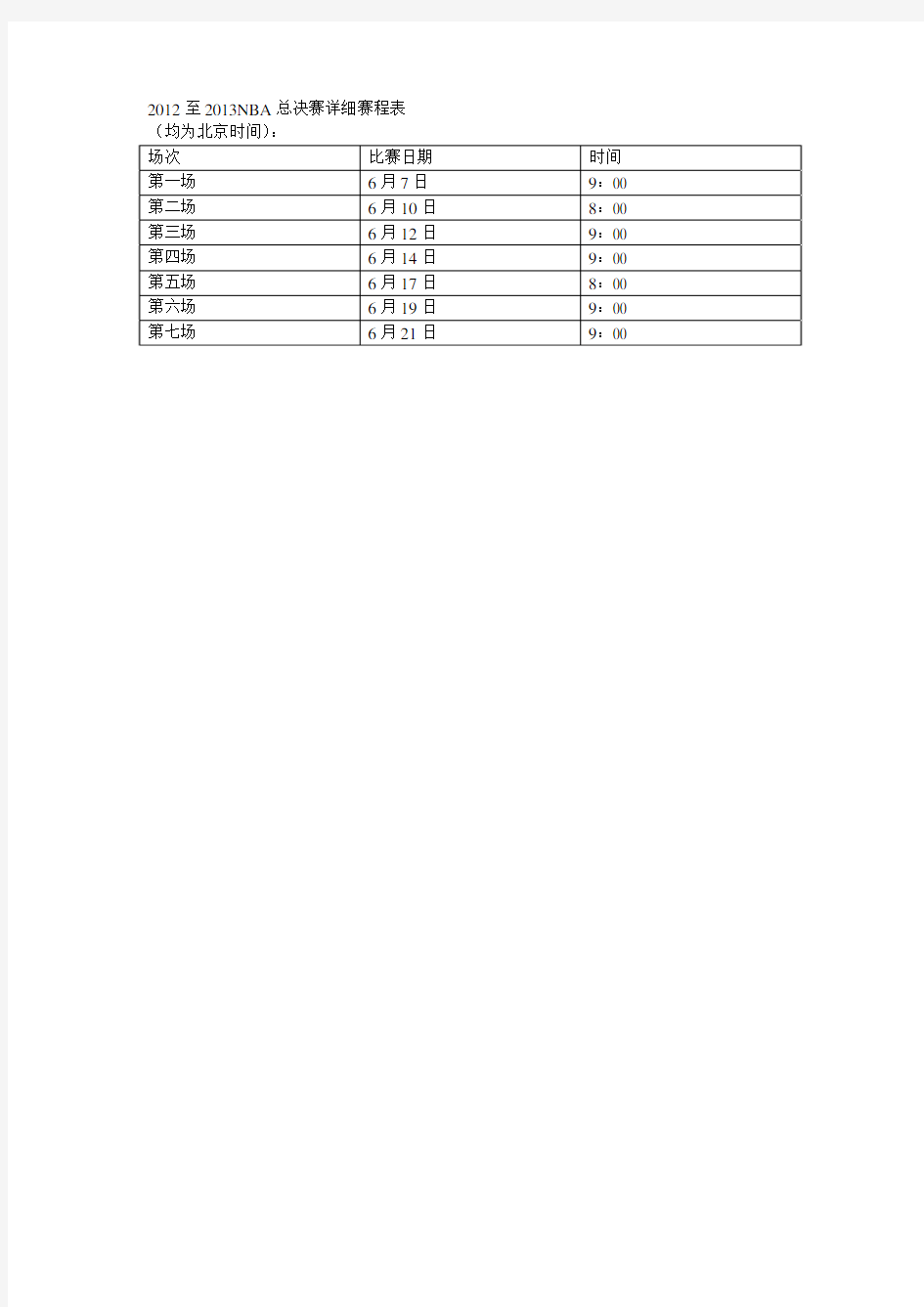 2012-2013NBA总决赛详细赛程表