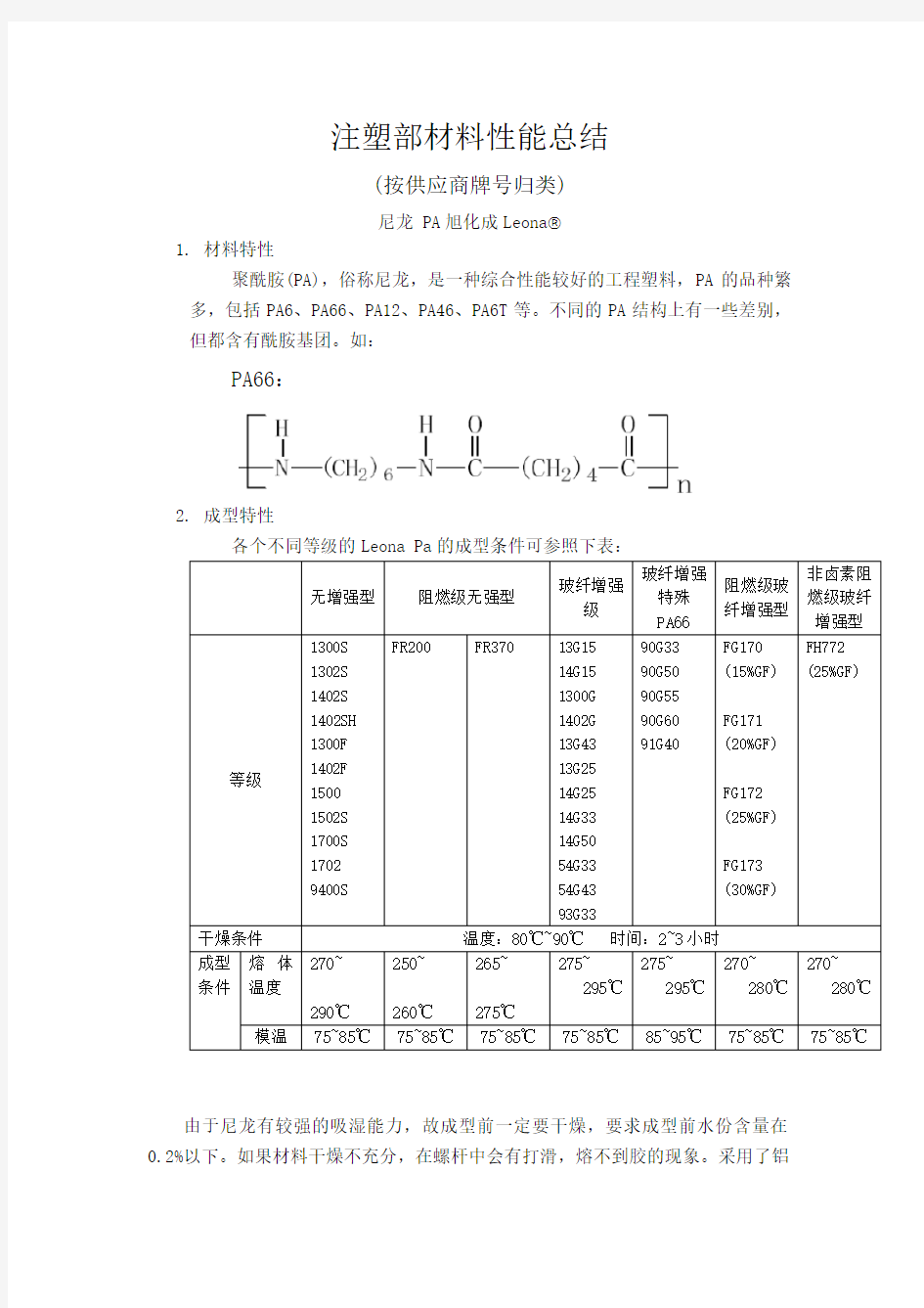 注塑部材料性能总结