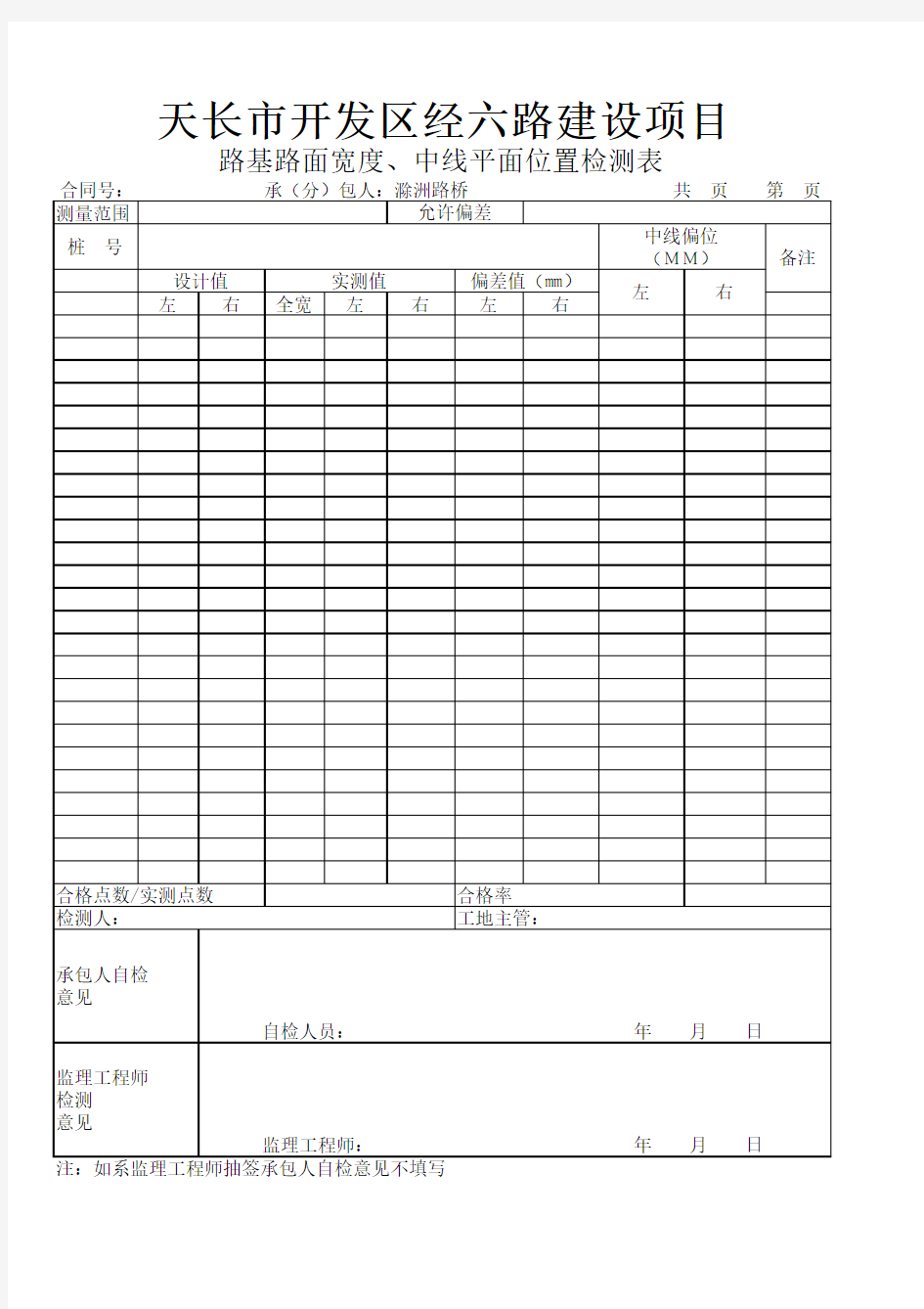 路基路面宽度及中线平面位置检测表