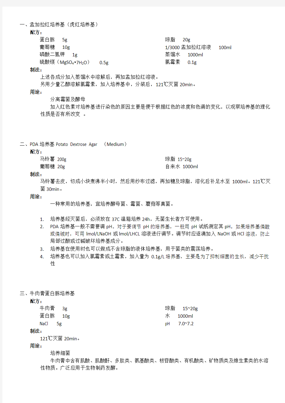 实验室常用培养基配方及制备方法