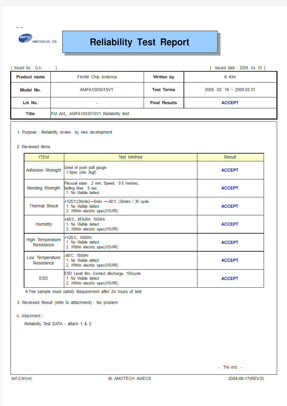 83_FM Ant)AMFA1003015V1 Reliability Test Report (090401)