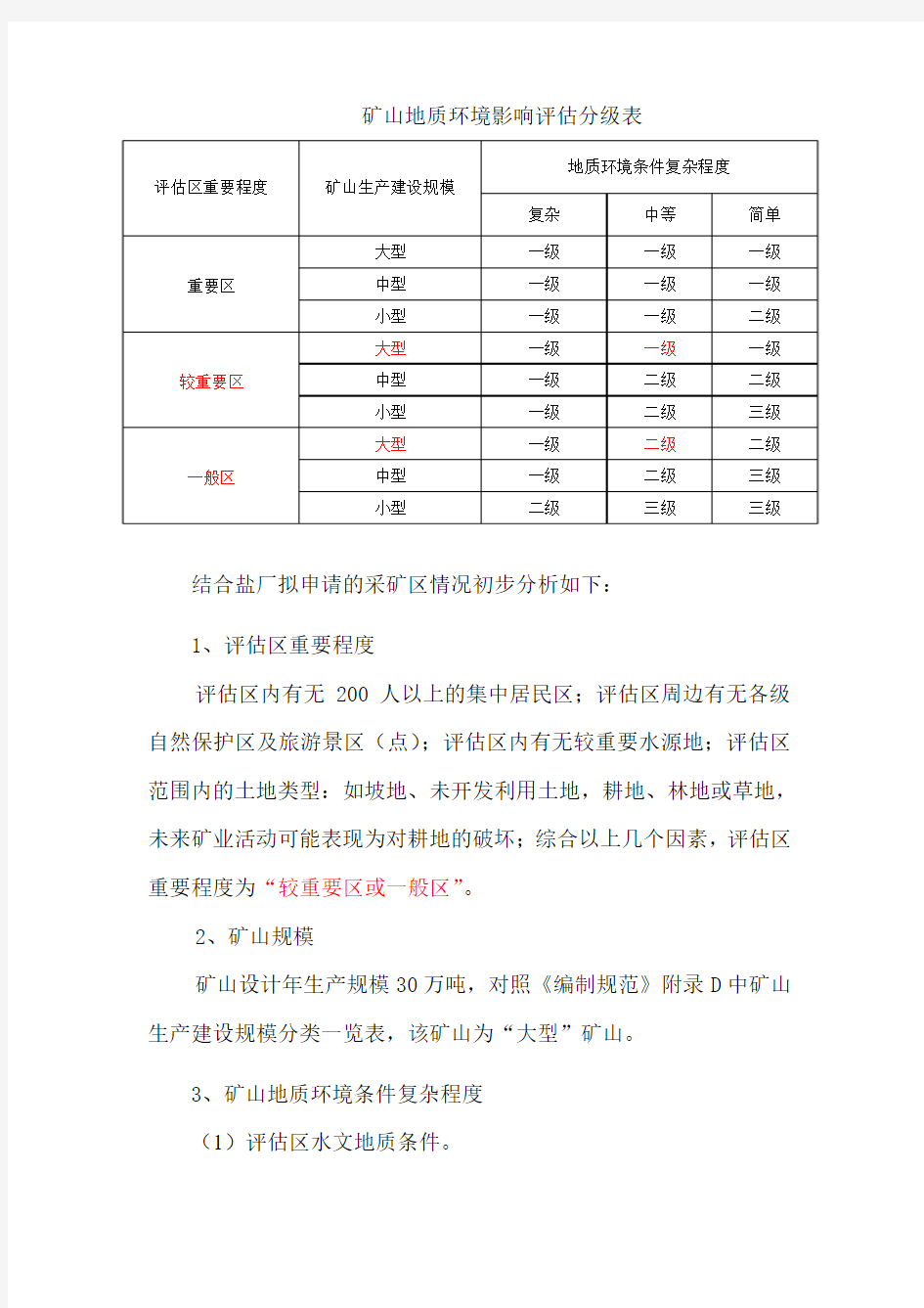 矿山地质环境影响评估分级表