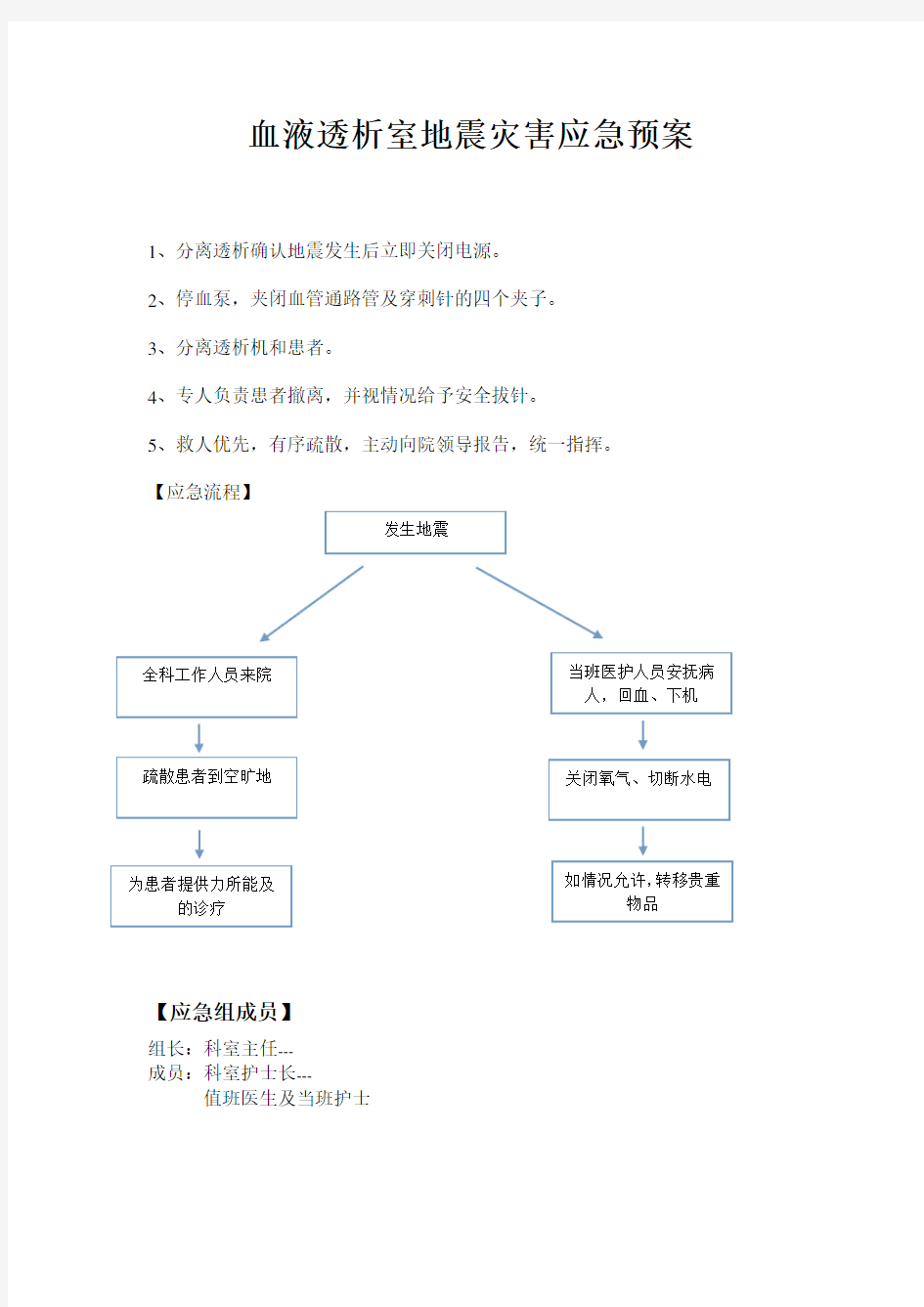 血液透析室地震灾害应急预案