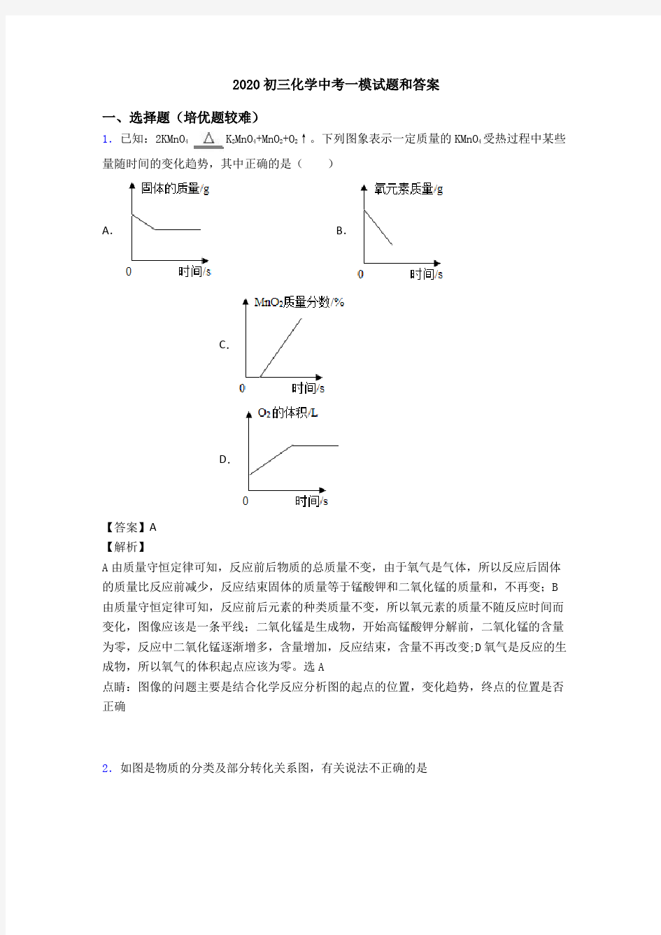 2020初三化学中考一模试题和答案