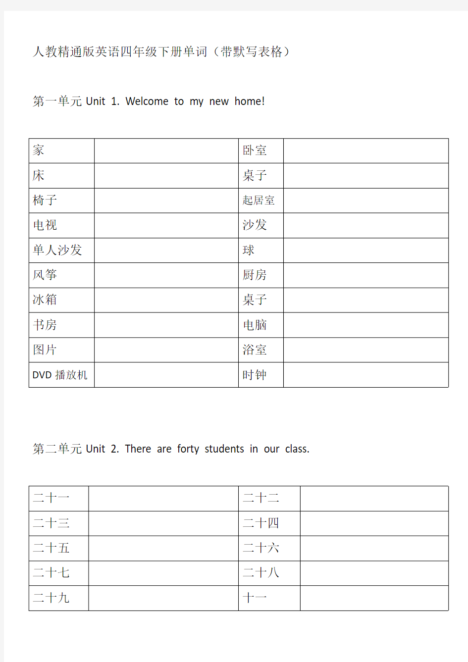 (完整版)人教精通版小学英语四年级下册单词表(带默写表格)