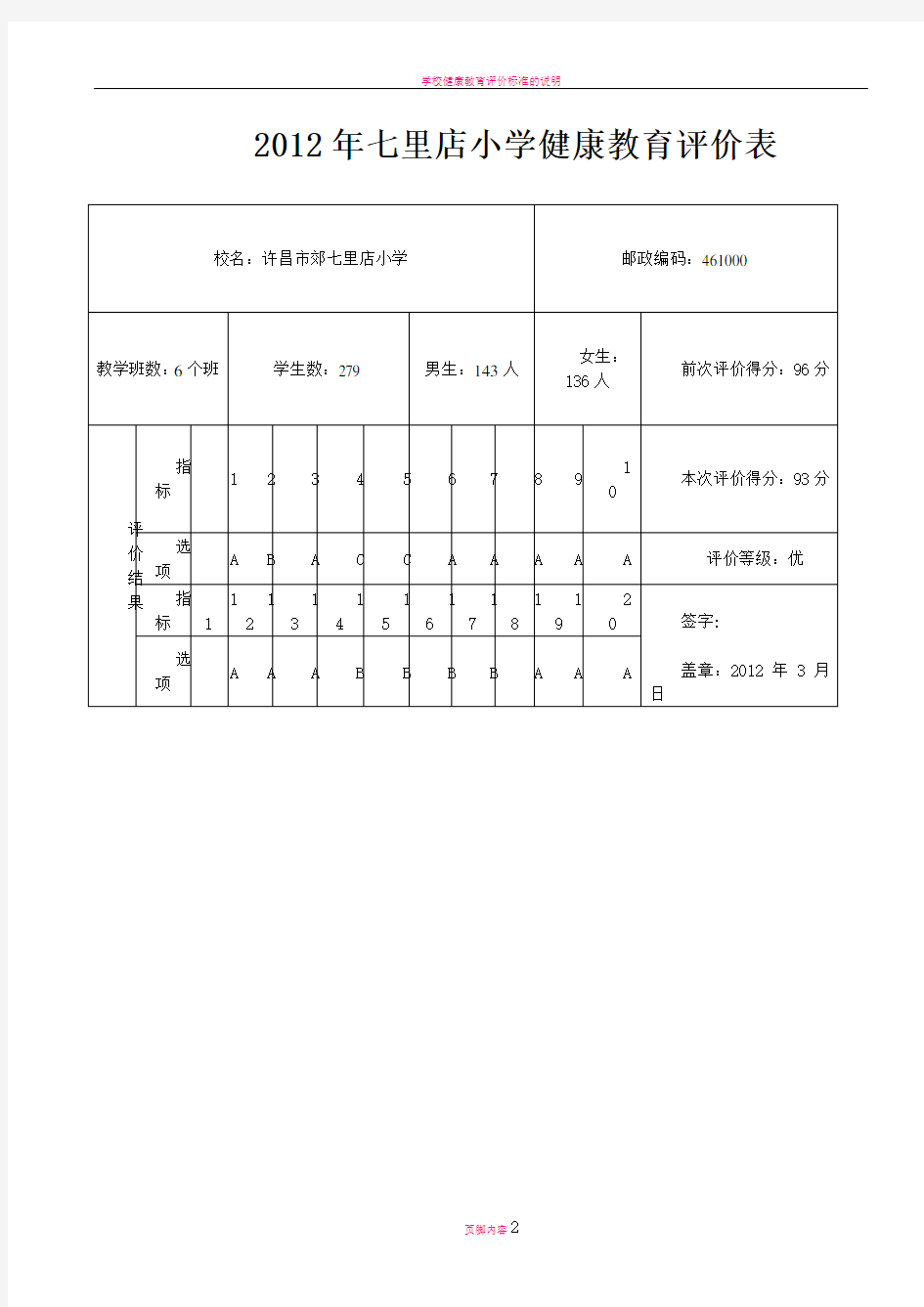 学校健康教育评价表