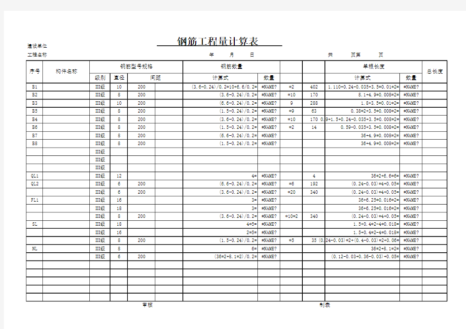 钢筋工程量计算表(模板)