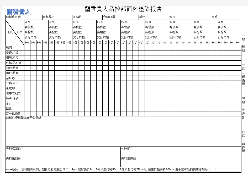 工厂面料检验实用表格(美标4 分制)