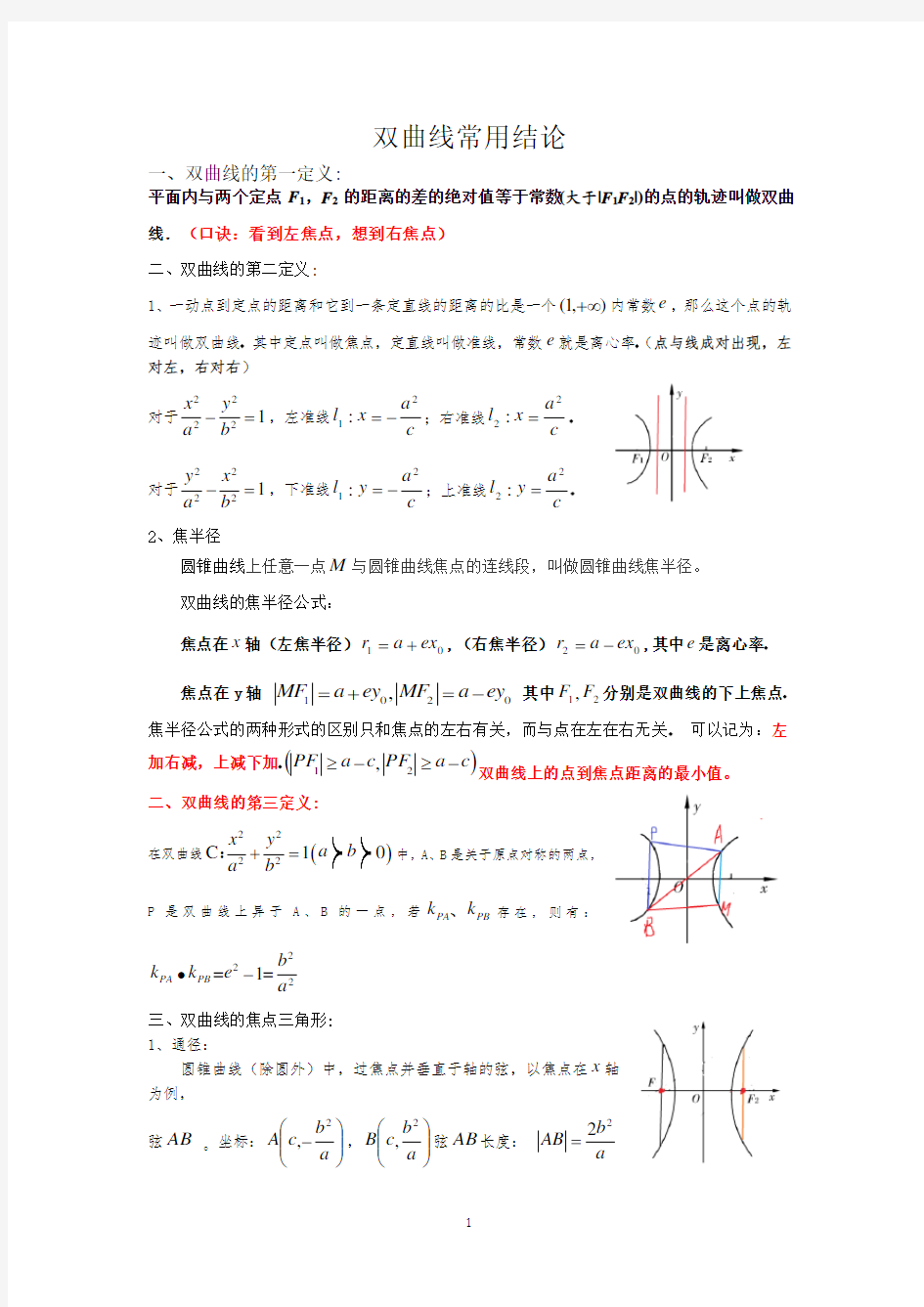 双曲线拓展知识常用结论(应该掌握)