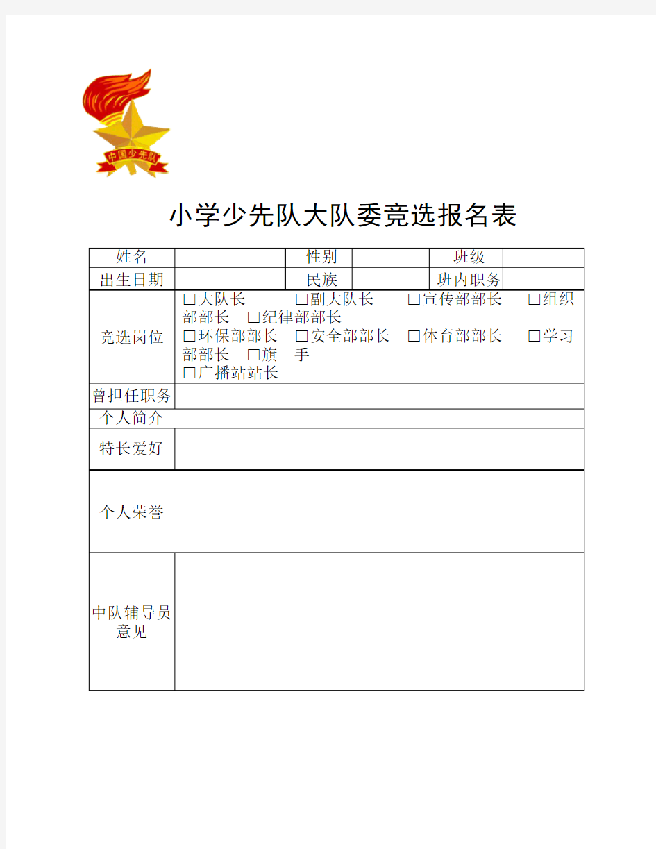 小学少先队大队委竞选报名表