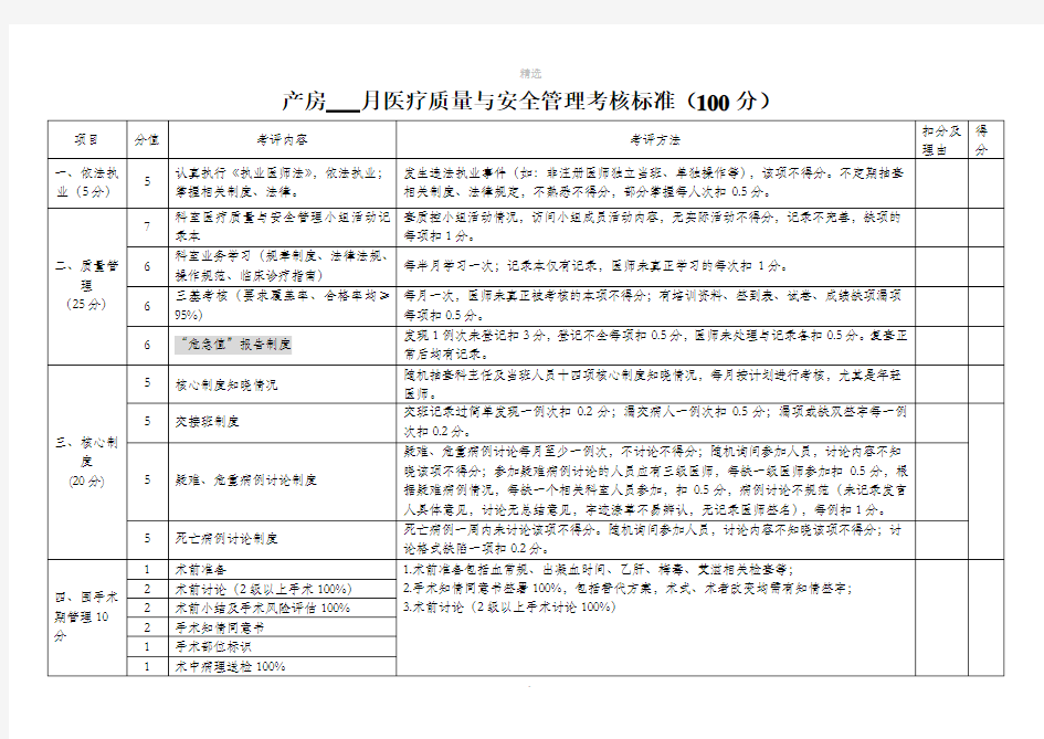 产房医疗质量与安全管理考核标准