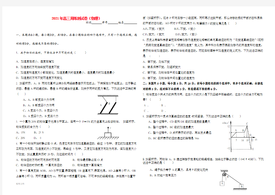 2021-2022年高三周练测试卷(物理)