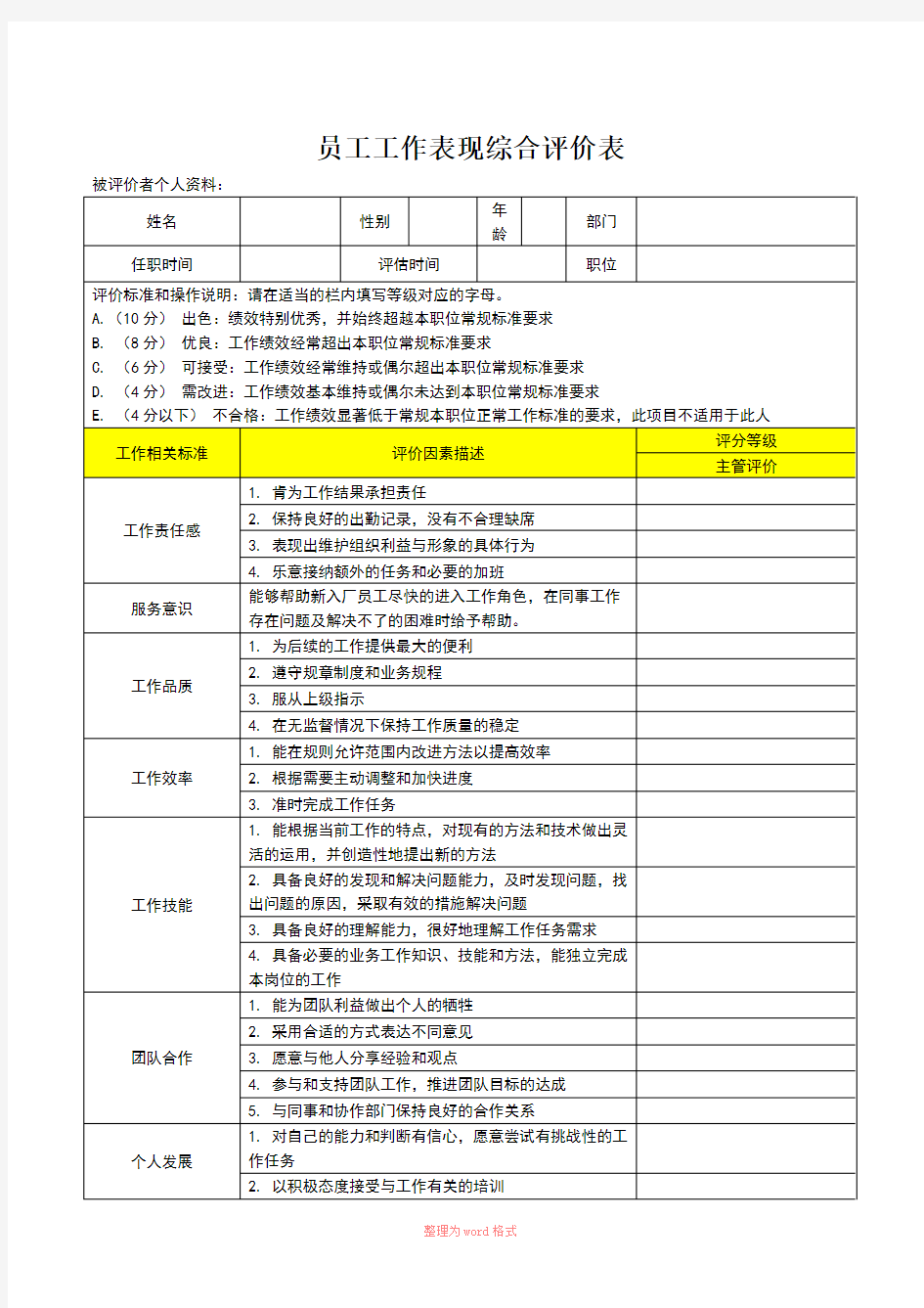 员工工作表现综合评价表