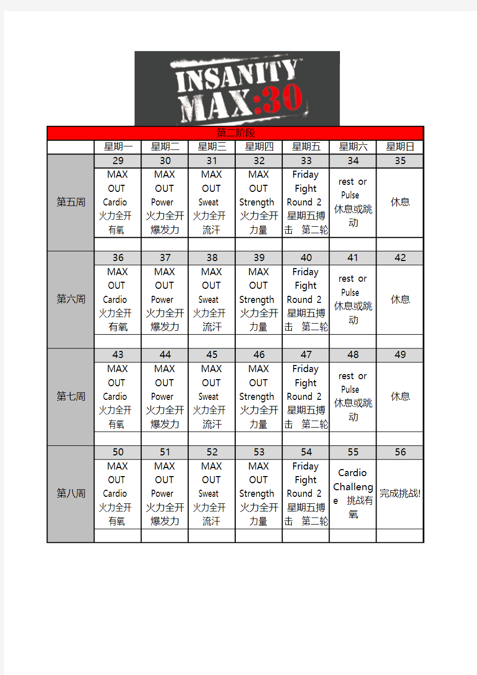 Insanity Max30 课表 第二阶段