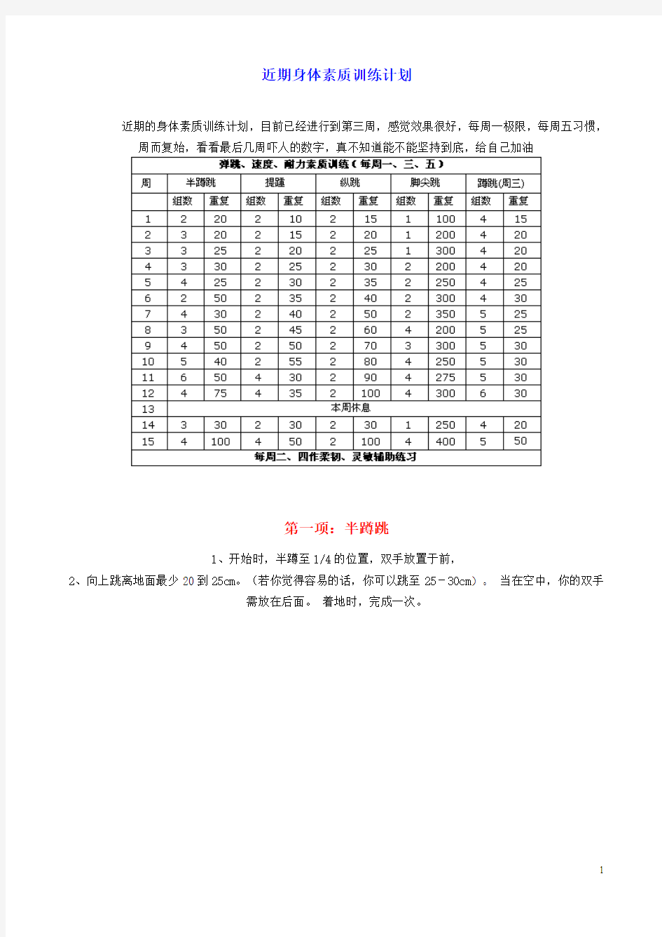 近期身体素质训练计划