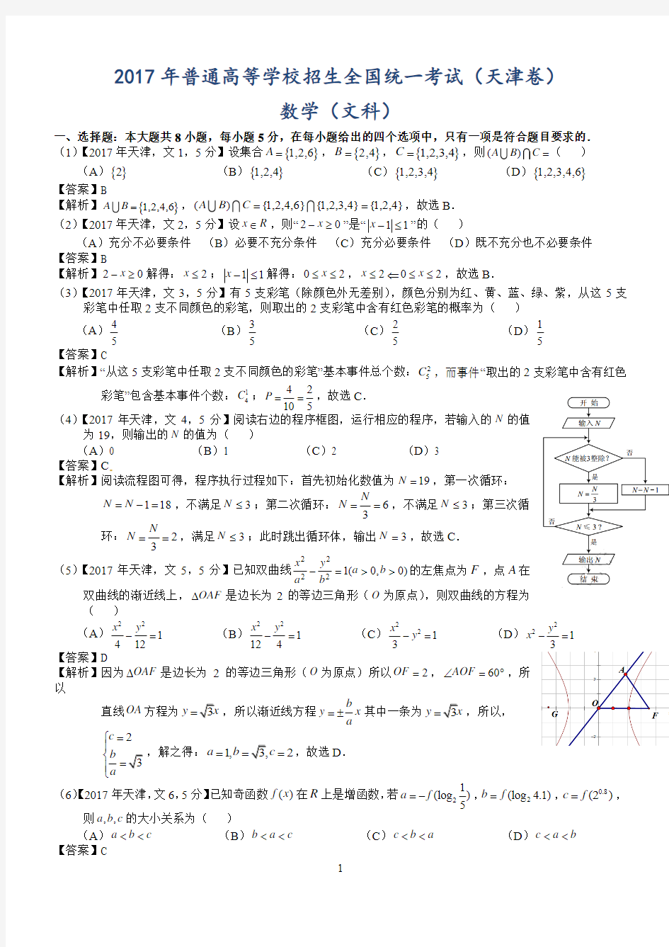 2017年高考天津文科数学试题及答案(word解析版)