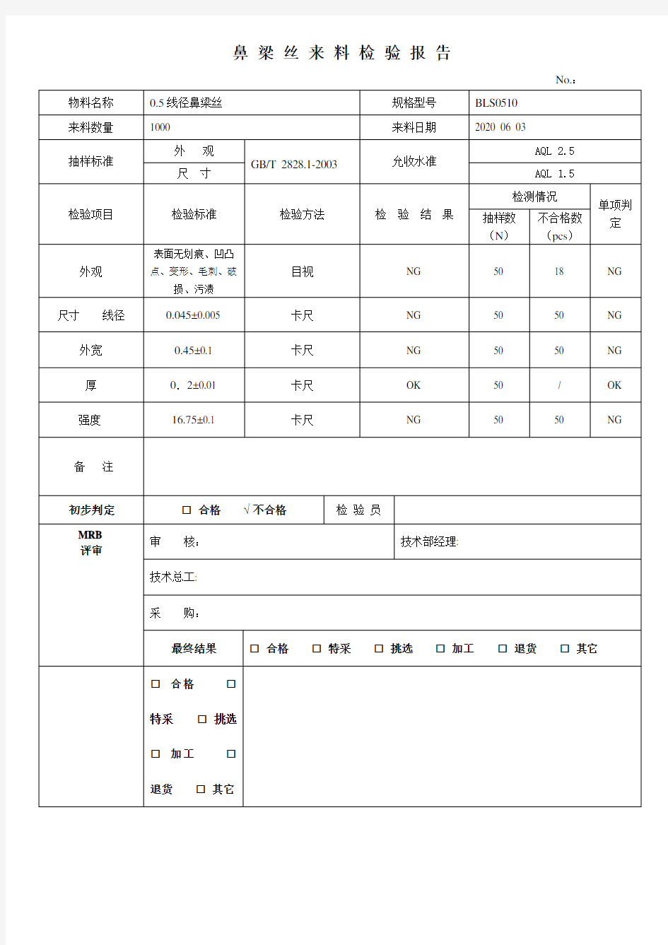 口罩鼻梁条来料检验记录表格