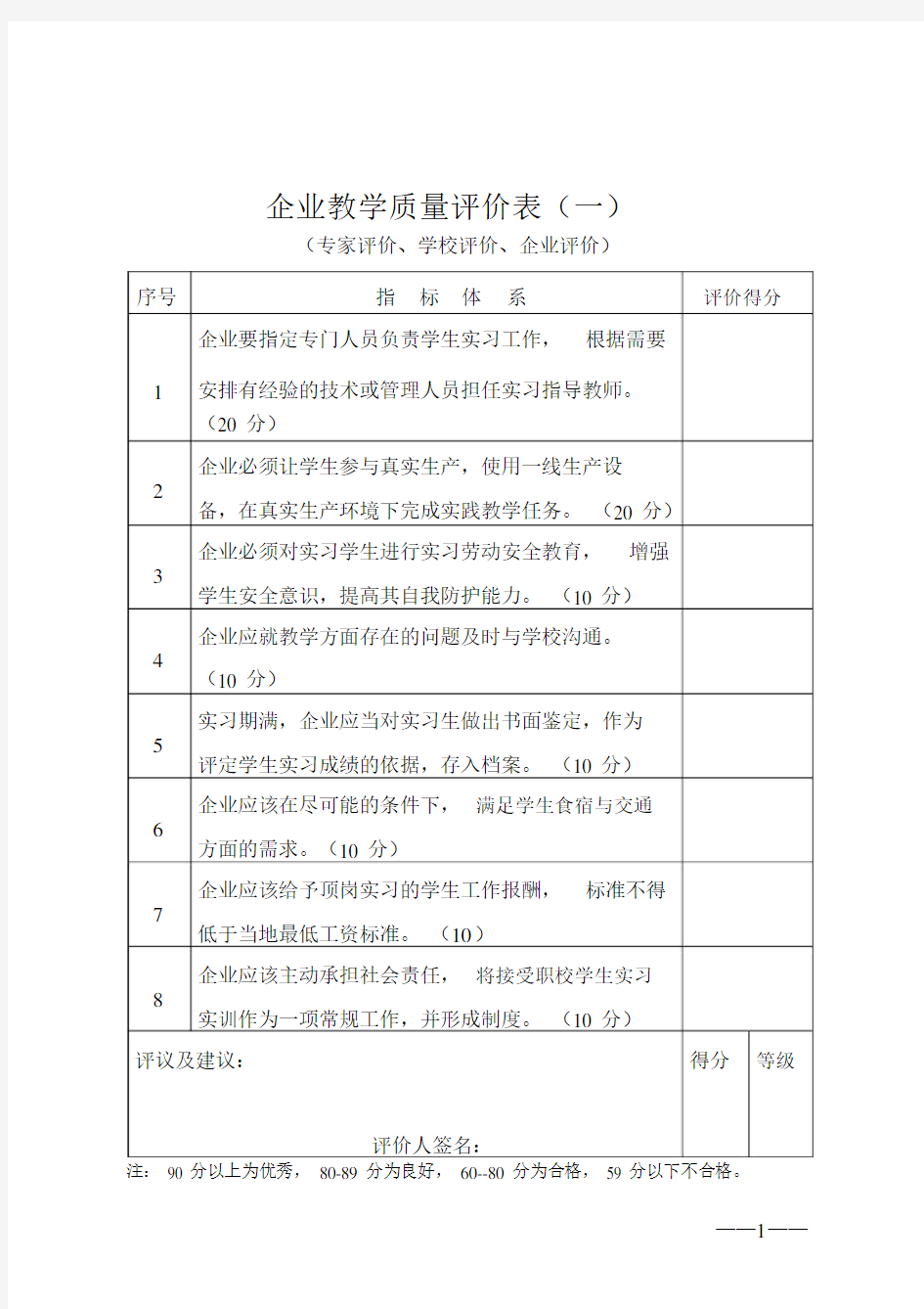 企业教学质量评价表