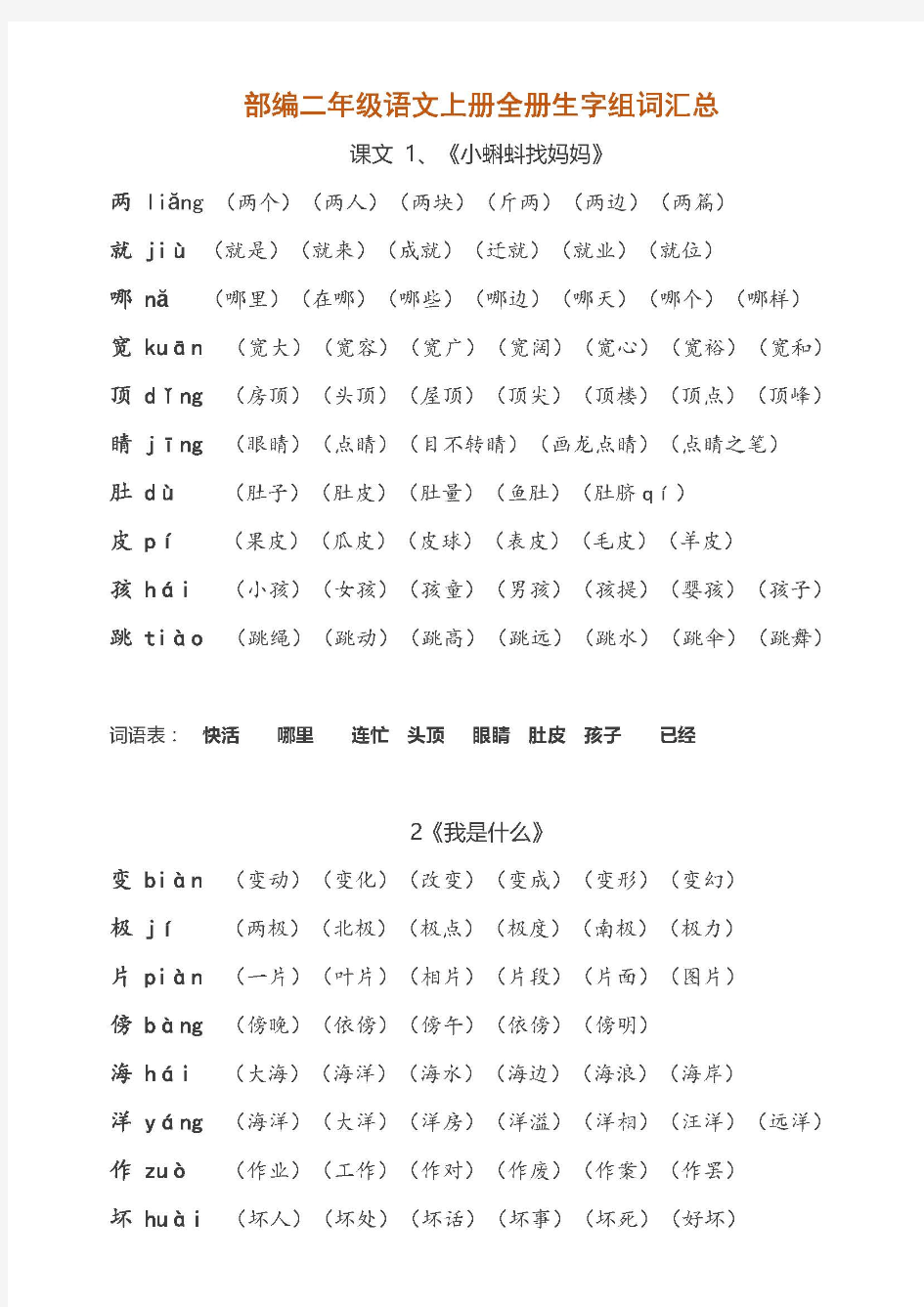 部编版二年级上册语文生字组词汇总(带拼音)