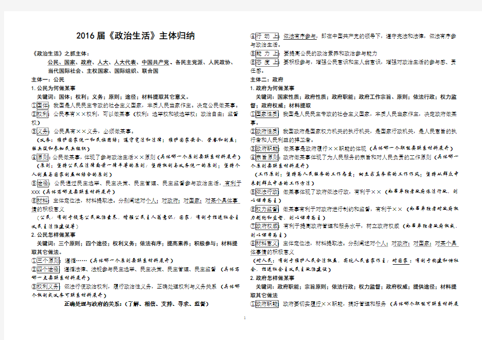 高中政治必修2《政治生活》主体归纳