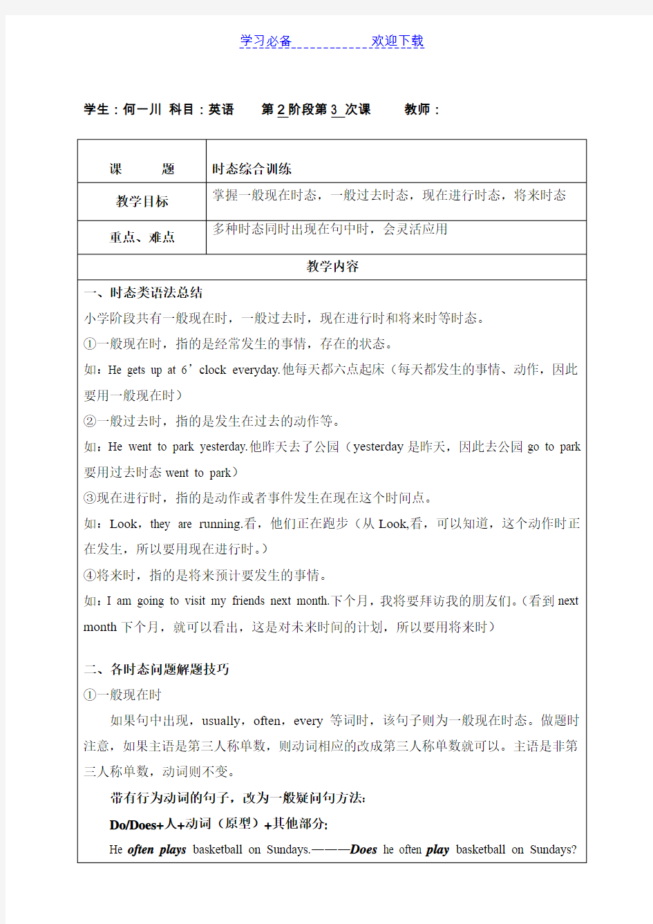 人教版小学英语语法 时态总结(一般现在时 一般过去式 现在进行时 一般将来时)