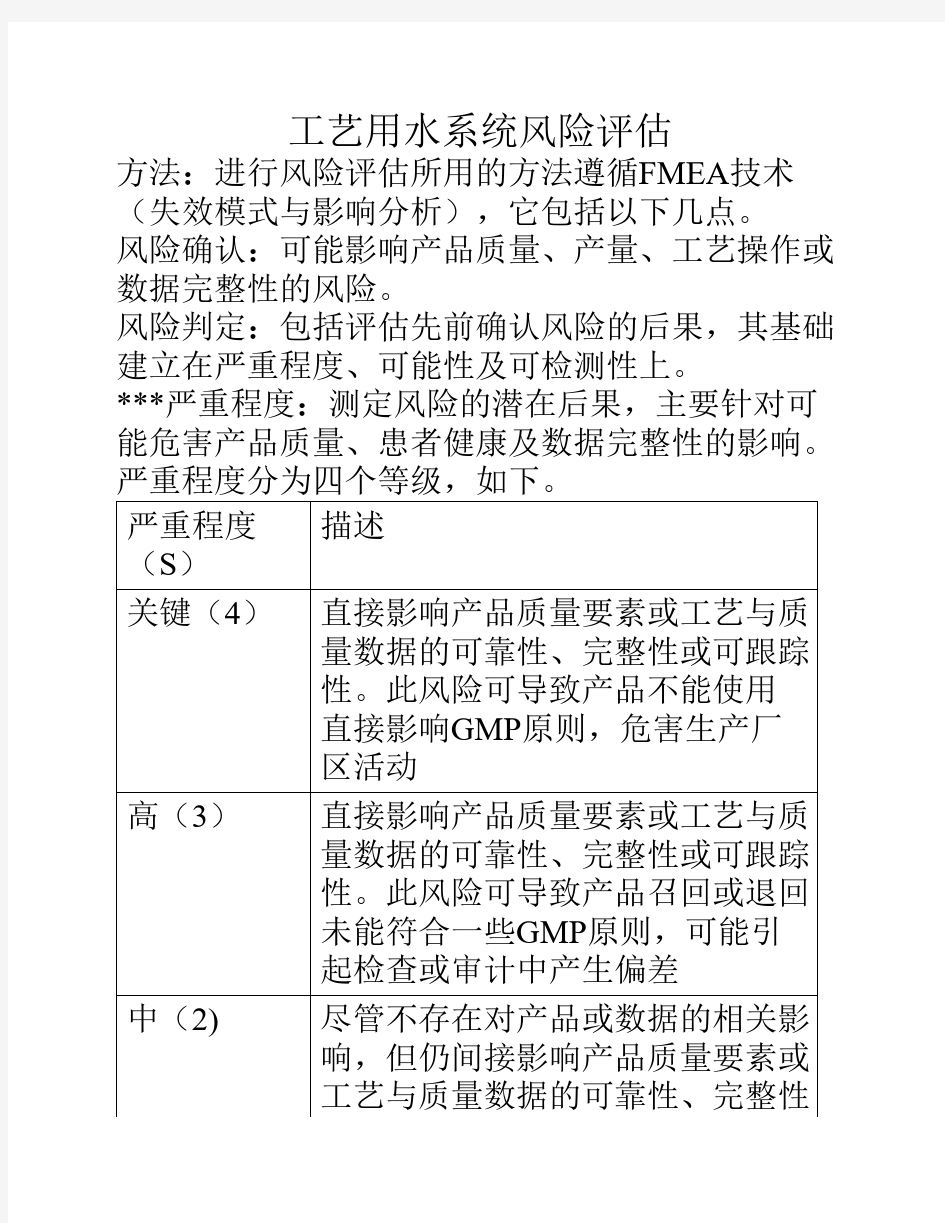 工艺用水系统风险评估