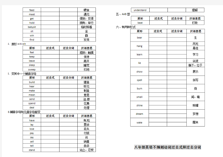 八年不规则动词的过去式和过去分词测试题