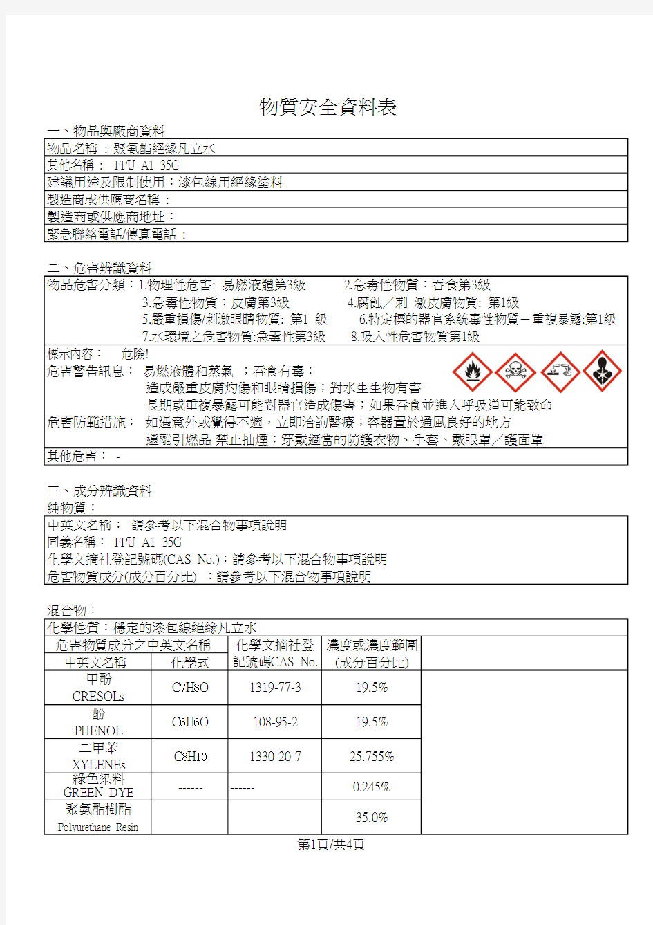 漆包线用聚氨酯绝缘漆(凡立水)物质要求资料表MSDS  G